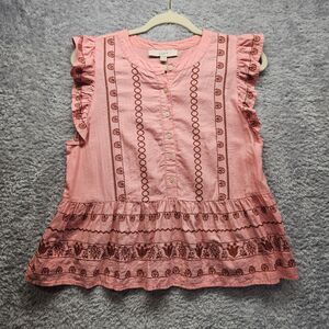 Loft Pink Embroidered Peplum Blouse Womens Size Small Boho Ruffle Sleeve Cotton
